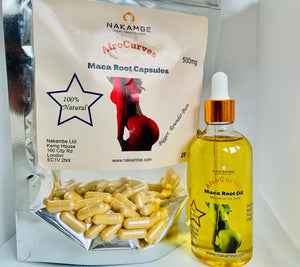 Nakambe AfroCurves Maca Root Oil 100ml + 28 Maca Capsules Bundle