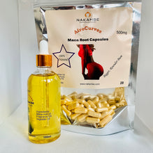 Lade das Bild in den Galerie-Viewer, Nakambe AfroCurves Maca Root Oil 100ml + 28 Maca Capsules Bundle
